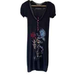 DESIGUAL
Black Midi Dress Embroidered "More for Less" Floral XS